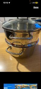 Steamer Cookware Set with Glass Lid Handles Stainless Steel Pan Kitchen Home Cook Chef Healthy Veg Cooking Housewarming induction ceramic gas electric perfect condition