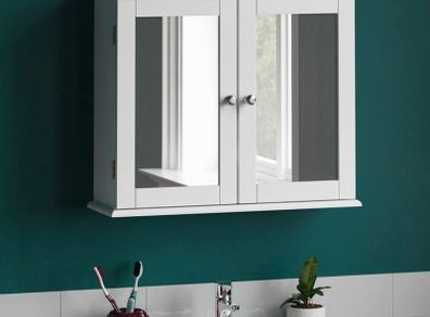 Double Door Mirrored Bathroom Cabinet Storage Cupboard Wall Mounted, White (FREE POSTAGE)