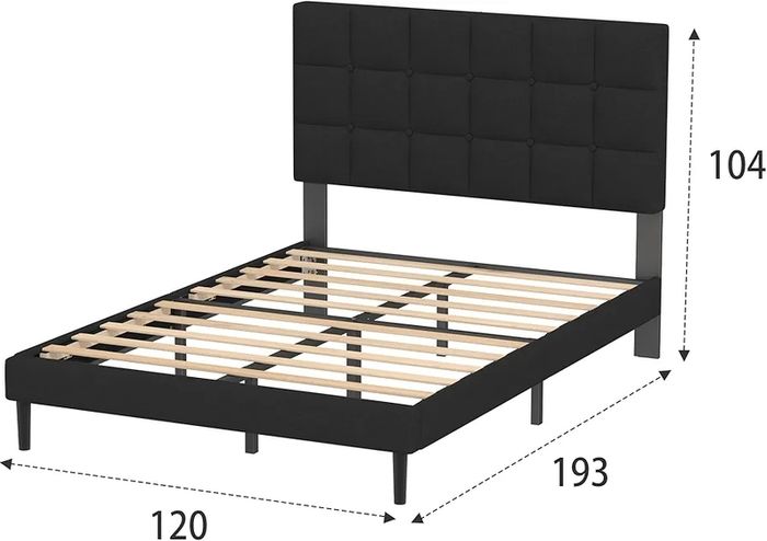 Small Double Bed Frame, Easy Assembly, Sturdy Wooden Slat Support, Upholstered Platform with Headboard, No Box Spring Needed, Black Small Double Bed 120/190