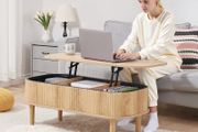1000 mm Lift Top Coffee Table, Fluted Oval Coffee Table with 3 Hidden Compartment, Mid Century Wooden Oval Center Desk with Storage, Lift Up Tabletop for Home &amp; Office, Easy Assembly, Burlywood