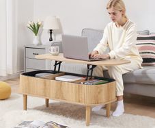 1000 mm Lift Top Coffee Table, Fluted Oval Coffee Table with 3 Hidden Compartment, Mid Century Wooden Oval Center Desk with Storage, Lift Up Tabletop for Home & Office, Easy Assembly, Burlywood