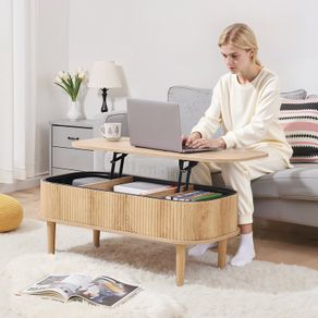 1000 mm Lift Top Coffee Table, Fluted Oval Coffee Table with 3 Hidden Compartment, Mid Century Wooden Oval Center Desk with Storage, Lift Up Tabletop for Home & Office, Easy Assembly, Burlywood