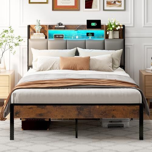 LED Double Bed Frame with Charging Station with Storage Upholstered Headboard 135x190cm