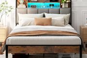 LED Double Bed Frame with Charging Station with Storage Upholstered Headboard 135x190cm