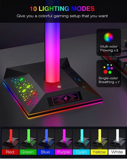 Headphone Stand Gaming Headset Holder PC Gaming Accessories for Desk, Cool LED Headset Stand with 2 USB Charger for Gamer
