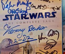 Star Wars Blu Ray set, signed by several, including Carrie Fisher, Mark Hamill, Peter Mayhew, Kenny Baker, Anthony Daniels - full list in details