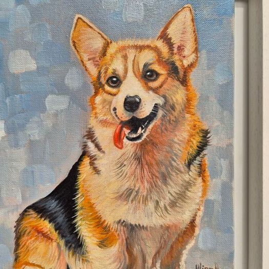 Happy Corgi - oil painting - framed