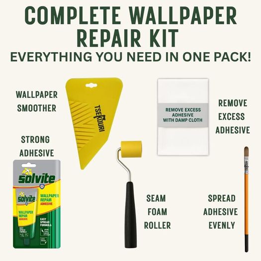 Wallpaper Repair Adhesive Tube (56g) with Foam Seam Roller, Smoother Tool With 0.9cm Brush & Cleaning Cloth  Complete Wallpaper Repair Set by Tsekouri