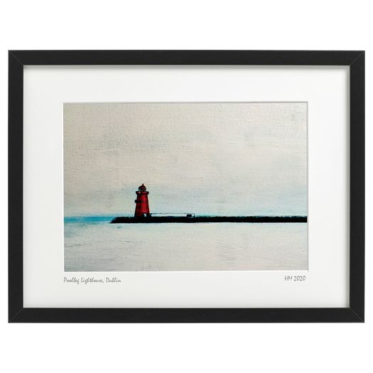 Grey Day, Poolbeg Lighthouse, Black Frame, by artist Helen Mathews