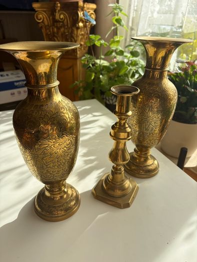 x2 Vintage Solid Brass Vases and candle holder