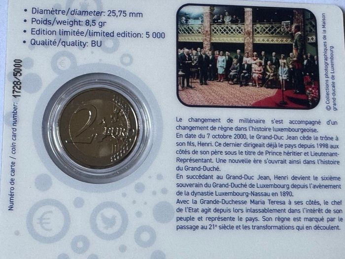 Luxembourg 2 Euro Commemorative Coloured Coin 2025 - 25th Anniversary of Grand Duke Henry's Accession to the Throne. BU. Coincard.