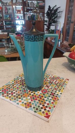 Fabulous Rare and Highly Prized Portmeirion Greek Key Tall Cylinder Coffee Pot in the Very Rare Turquoise and Black Colourway from 1967 - A Mid-Century Modern Design Classic in Mint Condition