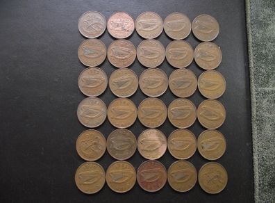 30 Irish 2 pence coins (1971-1996)
