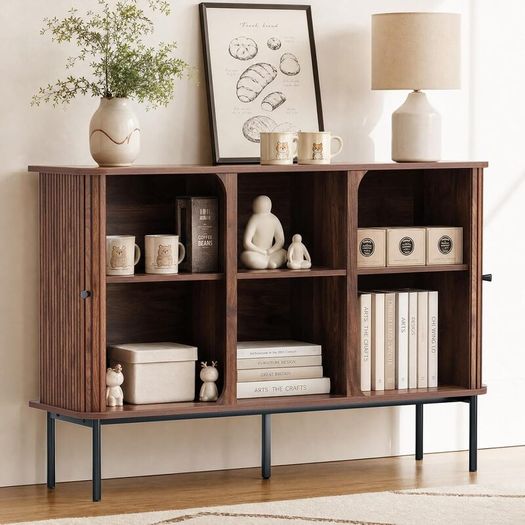 Sideboard Buffet Cabinet Storage with Sliding Door Cupboard, Walnut