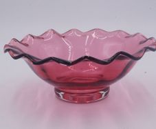 Cranberry Vintage Glass Ripple Rim Bowl