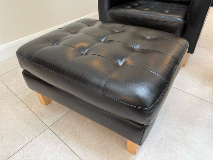 Black Leather Armchair and Matching Ottoman Footstool