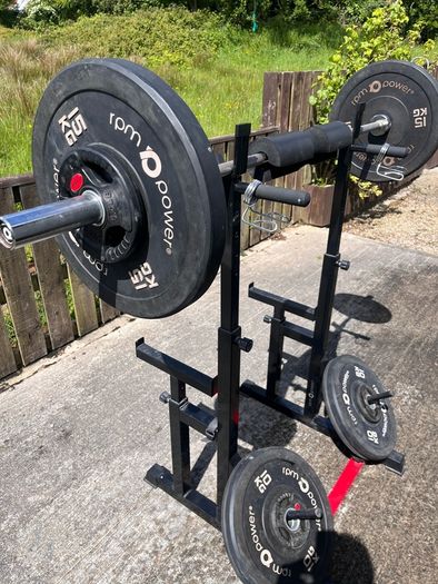 Gym equipment (squat rack/ bench / barbell + weights)