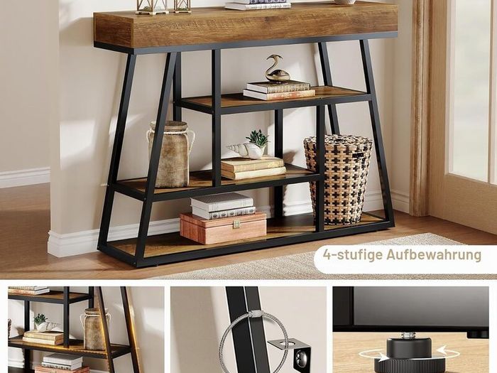 Industrial Narrow Console Table, 4-Tier with Storage Space