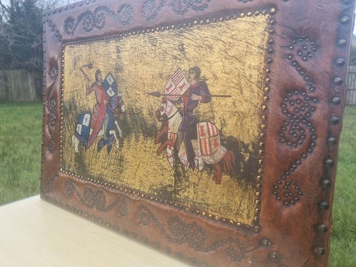 Vintage large leather painting of a medieval knights duel