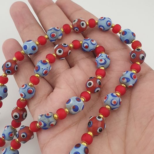 Antique Venetian Style Blue Skunk Eyes & Red Venetian WhiteHeart Glass Beads Necklace