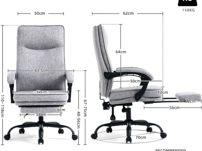 Office Chairs for Home, Ergonomic Office Chair with Footrest, 90-135 Recline, 150kg Heavy Duty Fabric Computer Desk Chair with Linkage Armrests, Adjustable Height for Napping and Gaming