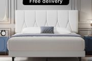Double Bed Frame, White, Upholstered