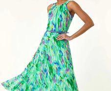 Roman Green Blurred Print Pleated Maxi Dress
