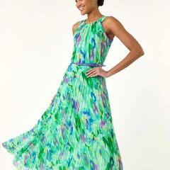 Roman Green Blurred Print Pleated Maxi Dress