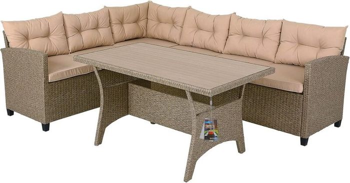 Polyrattan Corner Lounge Garden Furniture Set with WPC Dining Table  Weatherproof Outdoor Corner Sofa Seating Set for Garden, Patio or Balcony  Cream or Grey