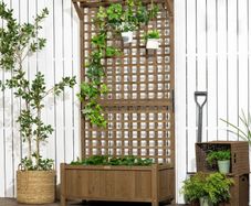 Raised Bed with Drainage Holes, Wood Planter with Trellis for Climbing Plants to Grow Vegetables, Flowers, Brown