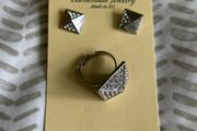 Silver tone sparkling earrings and ring matching set