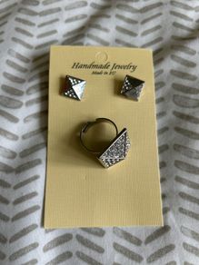 Silver tone sparkling earrings and ring matching set