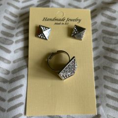 Silver tone sparkling earrings and ring matching set