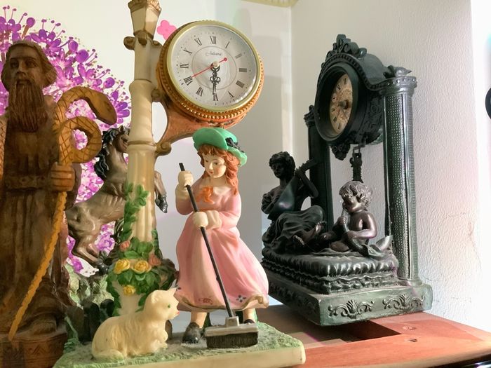 Clock, figures, Display Cabinet