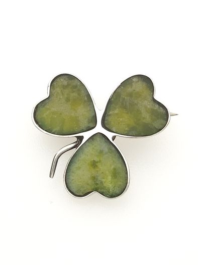925 Vintage Sterling Silver Shamrock Brooch, Connemara Marble Irish Clover Pin
