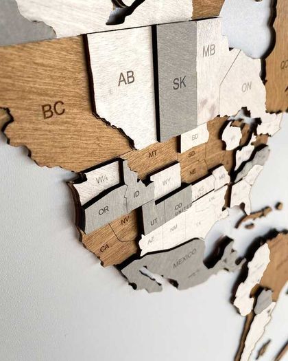 3D Classic Wooden World Map with Country Borders Country Names Capital Names US and Canada Borders and Names 3D Map Effect