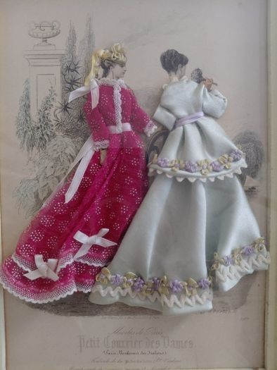 Antique French Shadow boxed dressed print handcrafted
