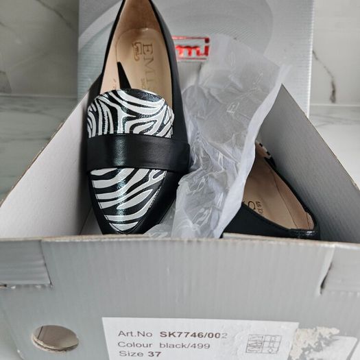 Emis slip on gorgeous leather flat black shoes with zebra detail RRP 100 euro new & boxed sizes UK 4 & UK 5