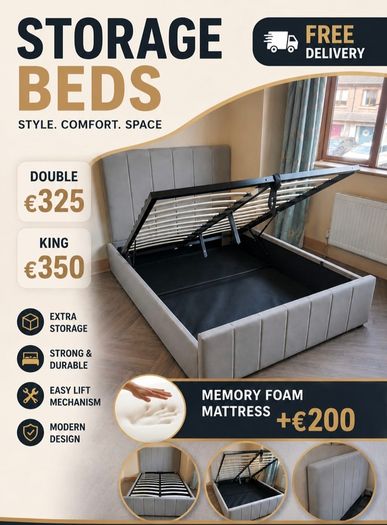 Brand New Double & King Size Ottoman Gaslift Storage Beds With Optional Emma _ Mattress Instock.