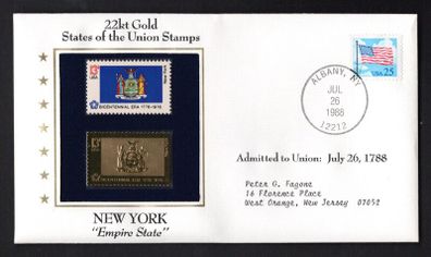 1988 USA New York "Empire State" 22kt Gold Replica of the 1976 United States Flag Stamps showing 25c US flag definitive tied Albany, New York (state capital) illustrated cover