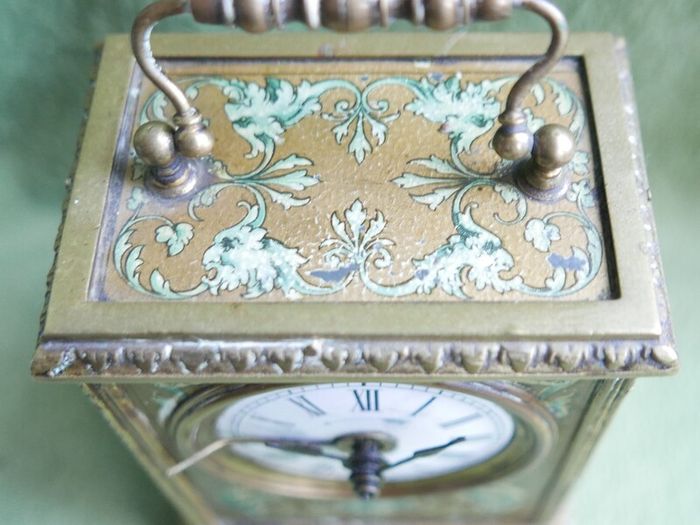 Antique French  Travel Pendulum Clock, Decorated with Flowers, with an Enameled Dial. Grand Prix de L'Horlogerie 1878 (WORKS WELL)