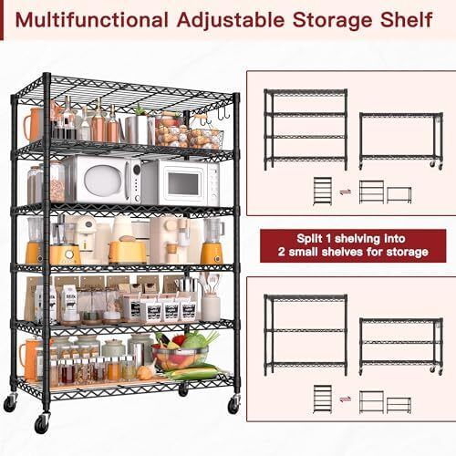 91cm x 46cm x 191cm Wire Storage Shelves with Wheels, NSF Certified 6-shelfs Heavy Duty Adjustable Kitchen Shelving Unit, Pantry Organizer Rack Rolling Metal Shelf for Garage