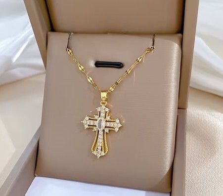 Cross Crucifix Crystal Gold Tone Pendant Necklace