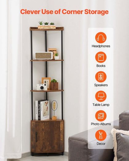 5 Tier Corner Shelf, Tall Corner Stand with LED Light and Doors, Wall Shelves Tower Storage Organizer, Metal Frame & Wooden Shelves
