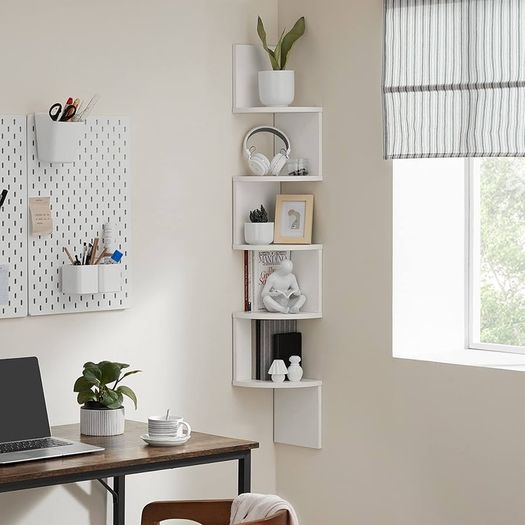 5-Tier Corner Shelf, Display Floating Shelf in Living Room, Study, Kitchen, Bedroom, for Plants, CDs, Decorations, Modern, Cloud White
