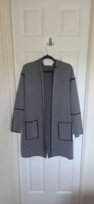 Grey Hooded Longline Cardigan Coatigan Contrast Trim Pockets Size L