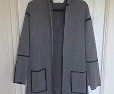Grey Hooded Longline Cardigan Coatigan Contrast Trim Pockets Size L