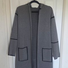 Grey Hooded Longline Cardigan Coatigan Contrast Trim Pockets Size L