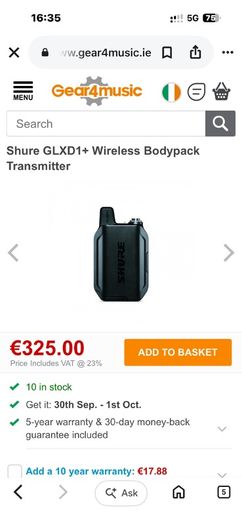 Shure GLXD1+ with cable and battery