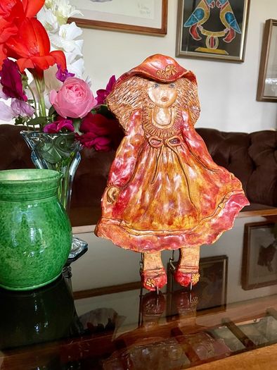20th Century Holly Hobbie Style Wall Decoration Plaster Glazed & Painted 3-D